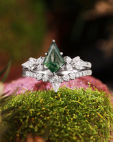 SIENNA Kite Cut Moss Agate Bridal Ring Set Nature Inspired Unique Ring Set